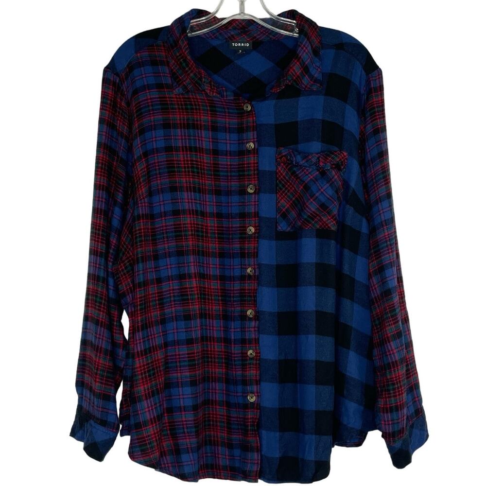 Torrid plaid button down long sleeve women's size 2 blue red